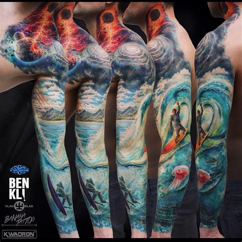 Surfing tattoo by jessimanchester. Sleeve tattoos for men