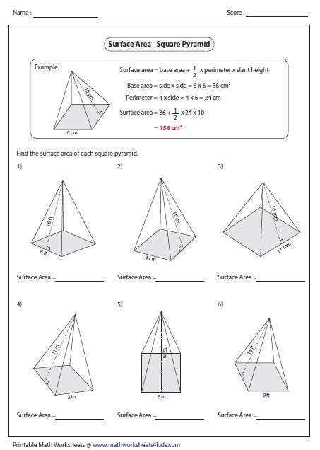 Surface Area Of Square Pyramid Worksheet