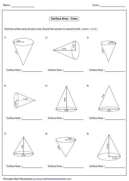 Surface Area Of Cones Worksheet