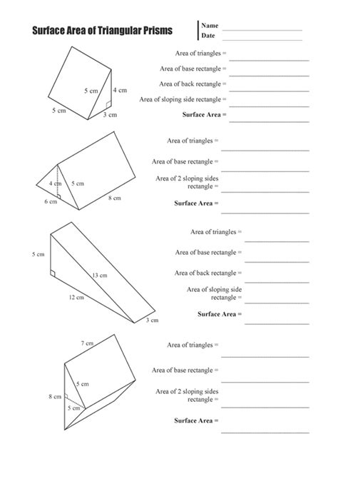 Surface Area Of Triangular Prisms Worksheet