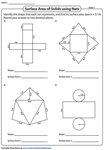 Surface Area Using Nets Worksheet