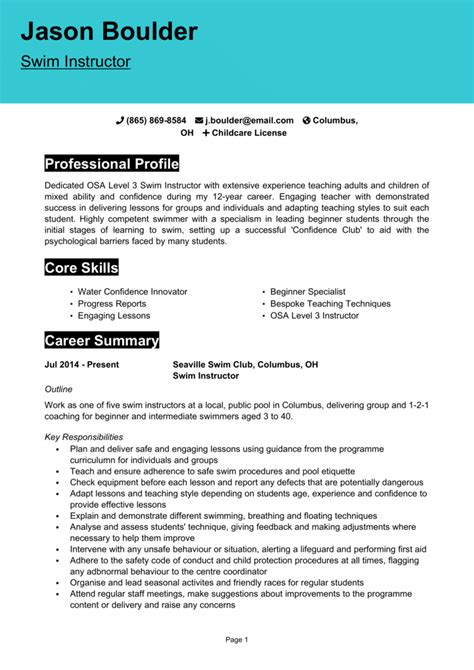 Swim Instructor Resume