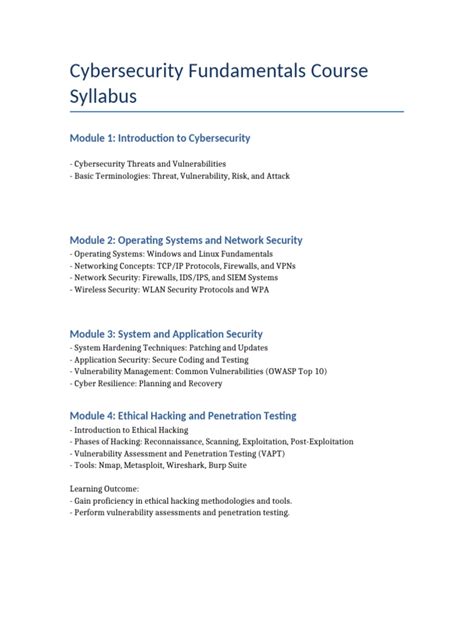 Syllabus of a cybersecurity course of instruction