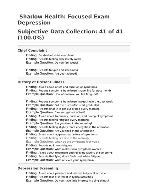 Symptoms of Shadow Health Depression 