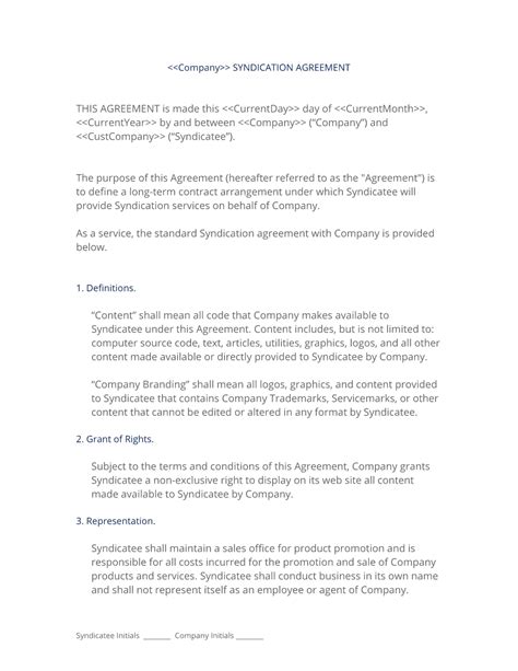 Syndication Agreement Template