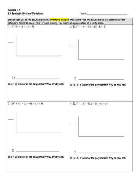 Synthetic Division Practice Worksheet
