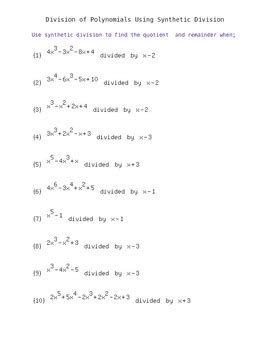 Synthetic Division of Polynomials- Worksheet with Answer Key by Easy Math