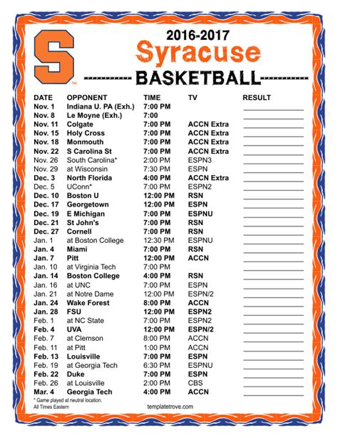 Syracuse Mens Basketball Printable Schedule