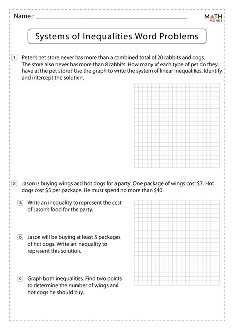Systems Of Inequalities Word Problems Worksheet
