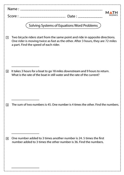 Systems Of Equations Story Problems Worksheet