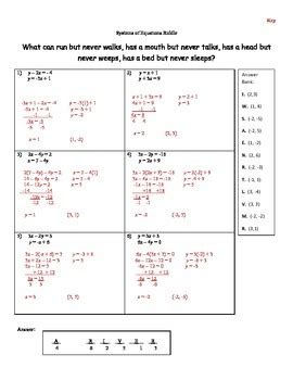 Systems of Equations by Substitution Self-Checking Riddle Worksheet