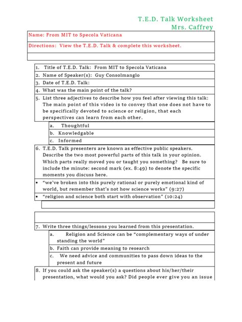 T E D Talk Worksheet Answers
