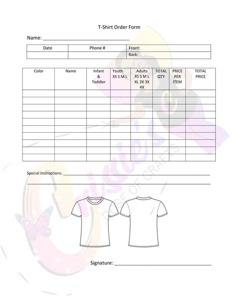 T Shirt Size Order Form Template