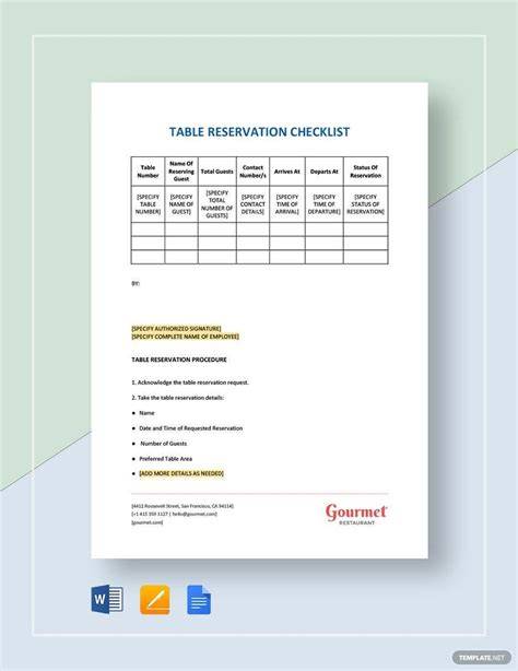 Table Reservation Checklist Template in Word, Apple Pages