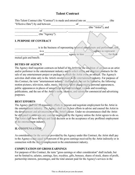 Talent Agent Contract Template - Free Printable Documents