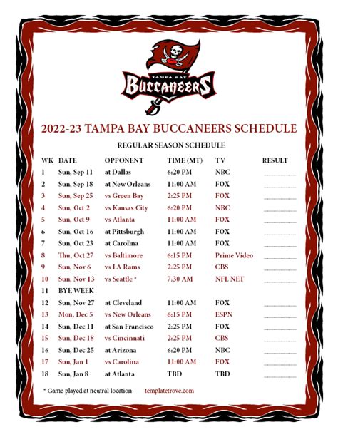 Tampa Bay Buccaneers 2022-23 Schedule Printable