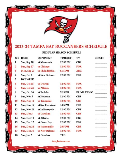 Tampa Bay Buccaneers Printable Schedule
