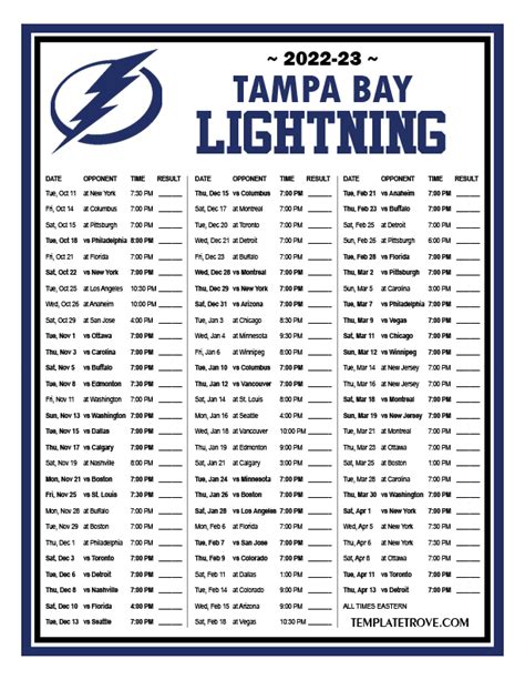 Tampa Bay Lightning Printable Schedule 2022-23