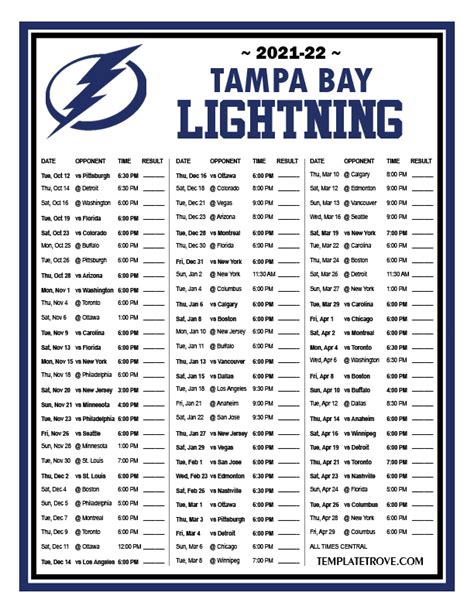 Tampa Bay Lightning Schedule Printable