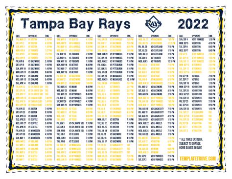 Tampa Bay Rays 2022 Schedule Printable