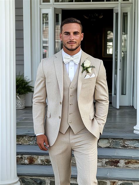 Tan Suit Wedding Bride's Complement A Soft and Flowing Gown