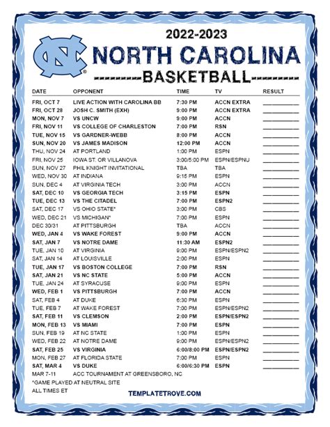 North Carolina Tar Heels Basketball Schedule Examples and Forms
