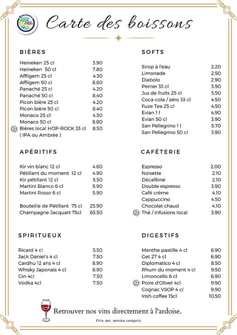 Tarif Boisson Restaurant 2022