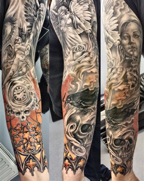 religious full sleeve tattoo by Niki Norberg Design of