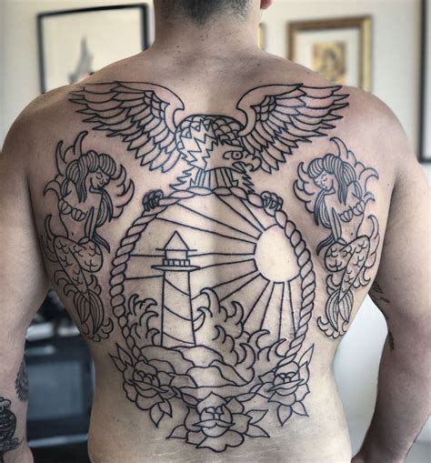 American Traditional back piece (in progress) by Noodles