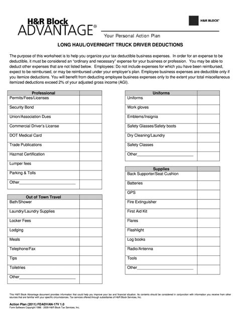 Tax Deduction Worksheet For Truck Drivers