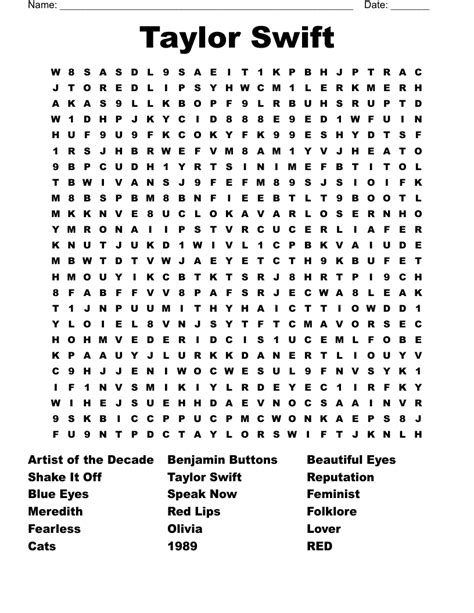 Taylor Swift Word Search Printable