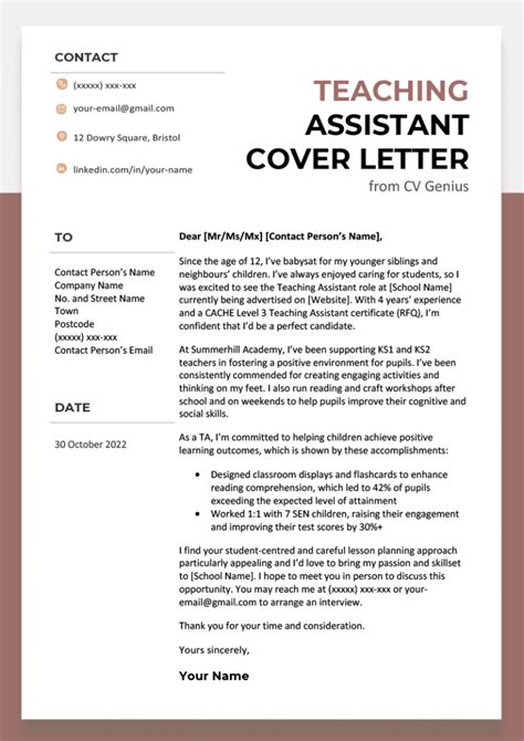 Teacher Assistant Cover Letter With Experience