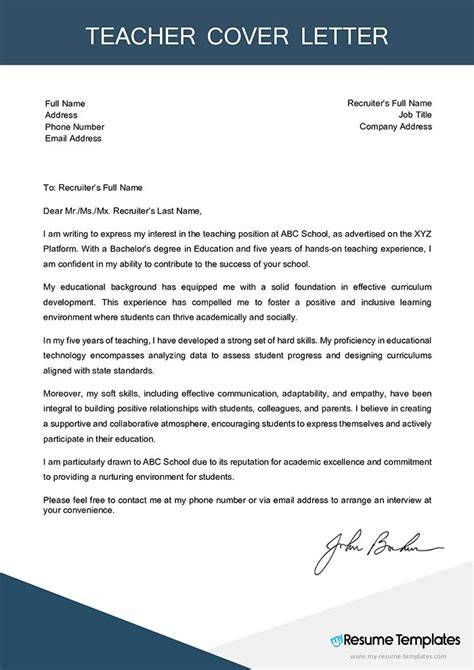 Teacher Cover Letter Examples With Experience