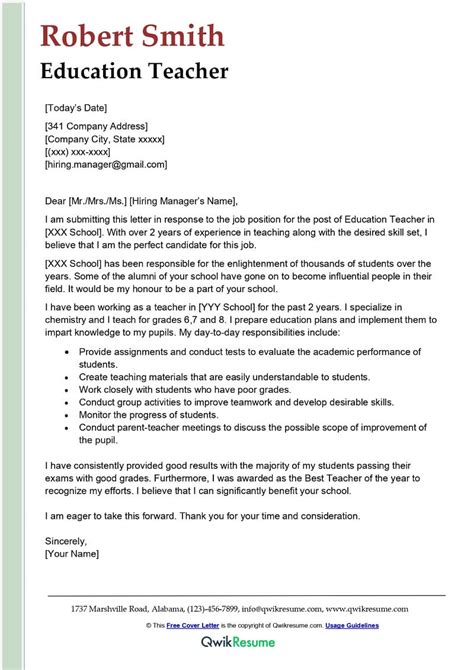Teacher Education Cover Letter Examples