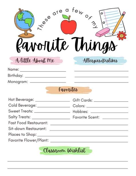 Teacher Favorite Things Printable