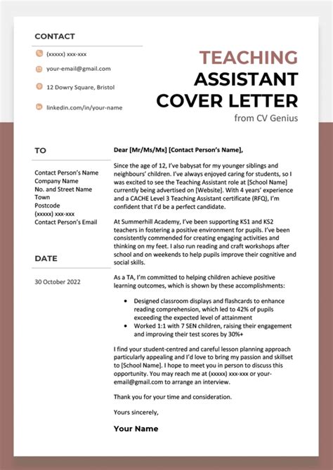 Teaching Assistant Cover Letter Example