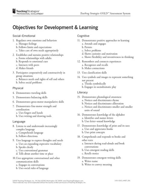 Teaching Strategies Gold Objectives Printable