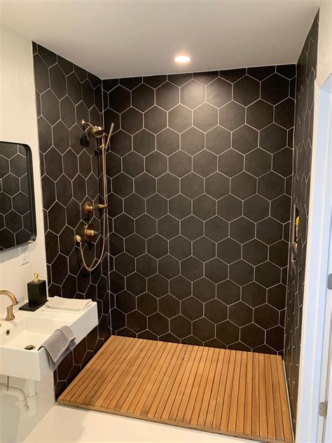inset (with continuing border of tile) teak shower floor Teak bathroom, Teak shower, Teak