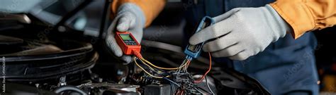 Technician testing car electrical system