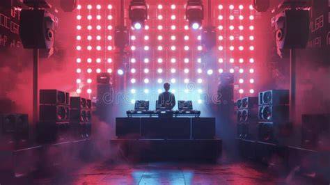Professional DJ equipment vinyl turntable and mixer in an underground club atmosphere