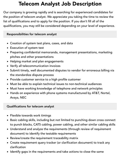 Telecom Analyst Job Description