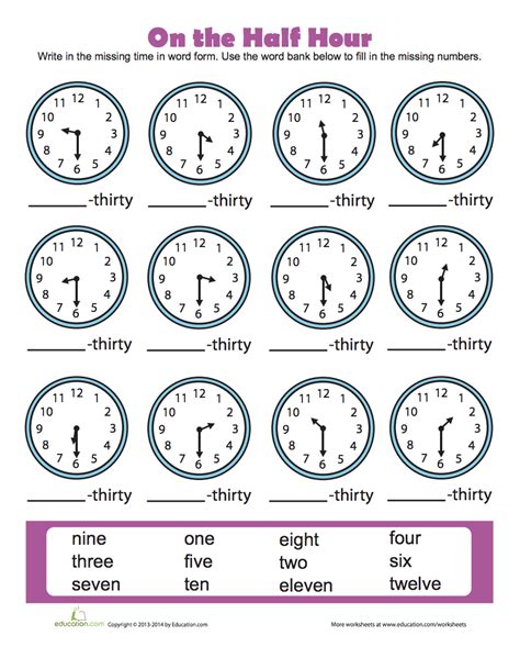 Telling Time Hour And Half Hour Worksheets