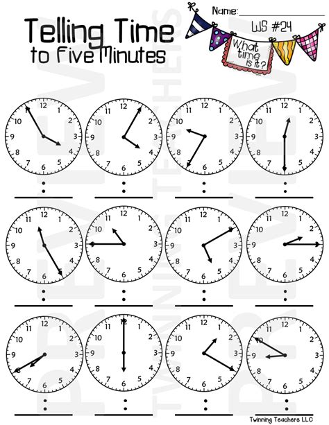 Telling Time To The Five Minutes Worksheets