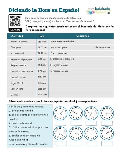 Telling Time in Spanish - PDF Worksheet - SpanishLearningLab