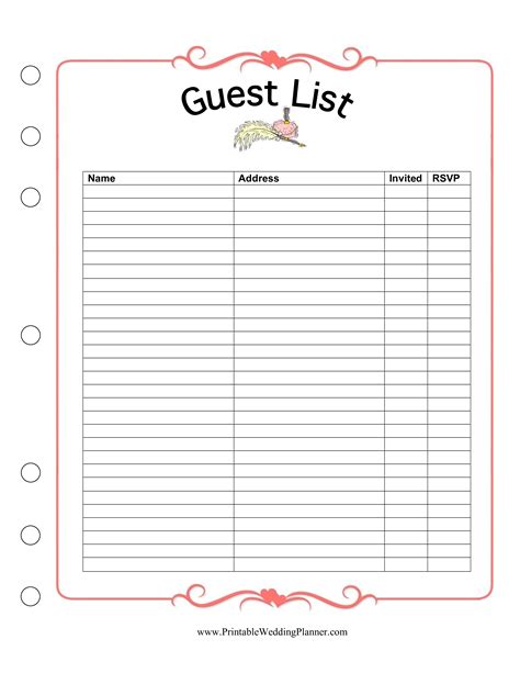 Template For Guest List