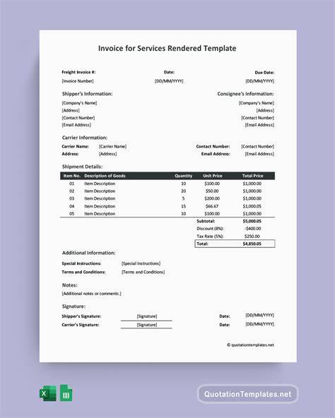 Template For Invoice For Services Rendered