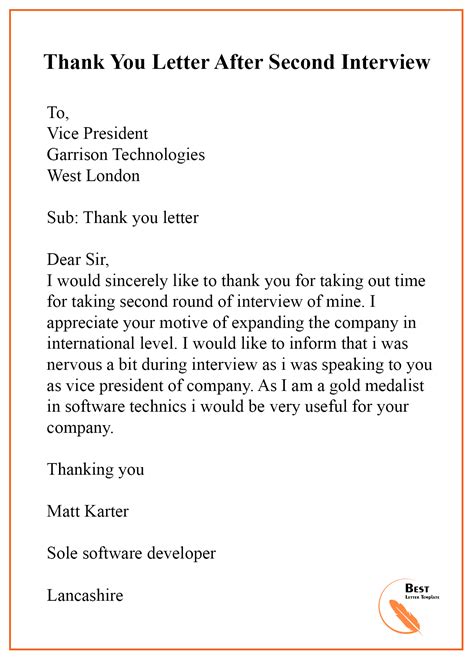 Template For Thank You Letter After Interview