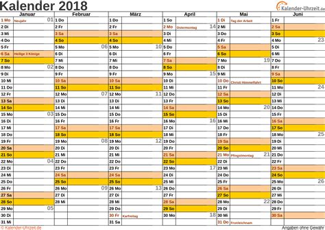 Template Kalender 2018 Excel