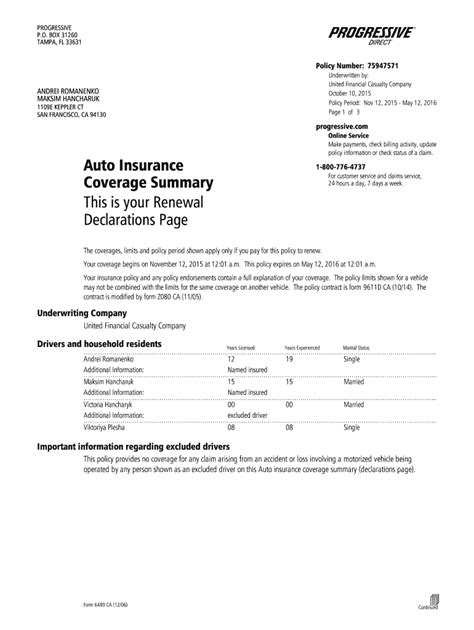 Template Progressive Insurance Declaration Page