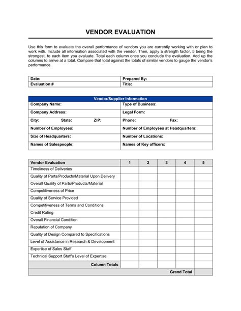 Template Vendor Evaluation